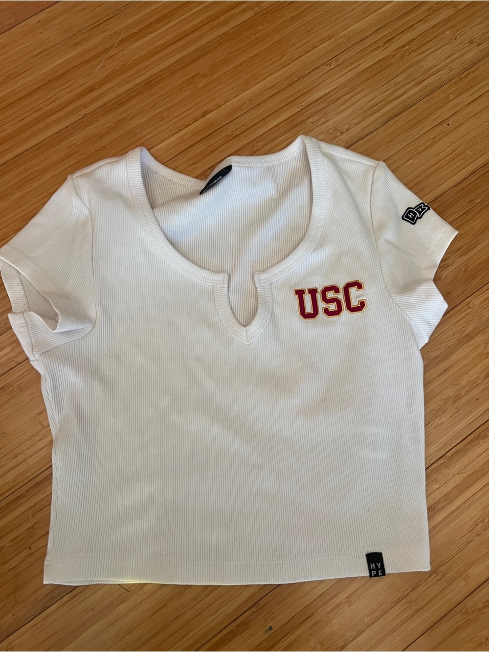USC White Ribbed Notch-Neck Crop Top